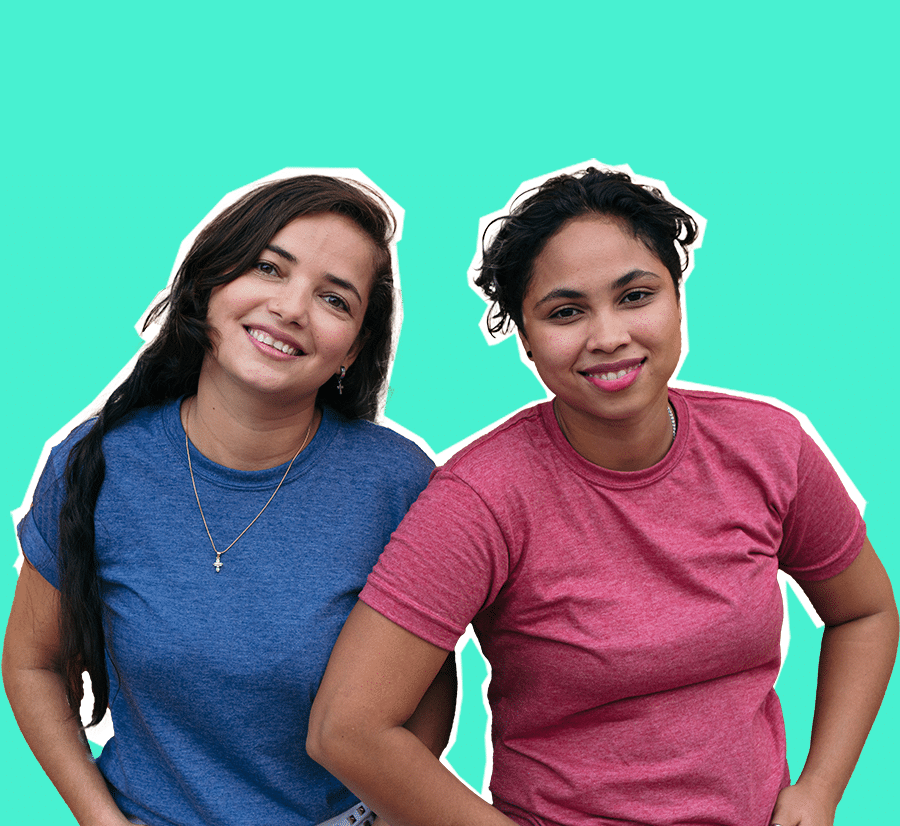 Smiling women on teal blue background